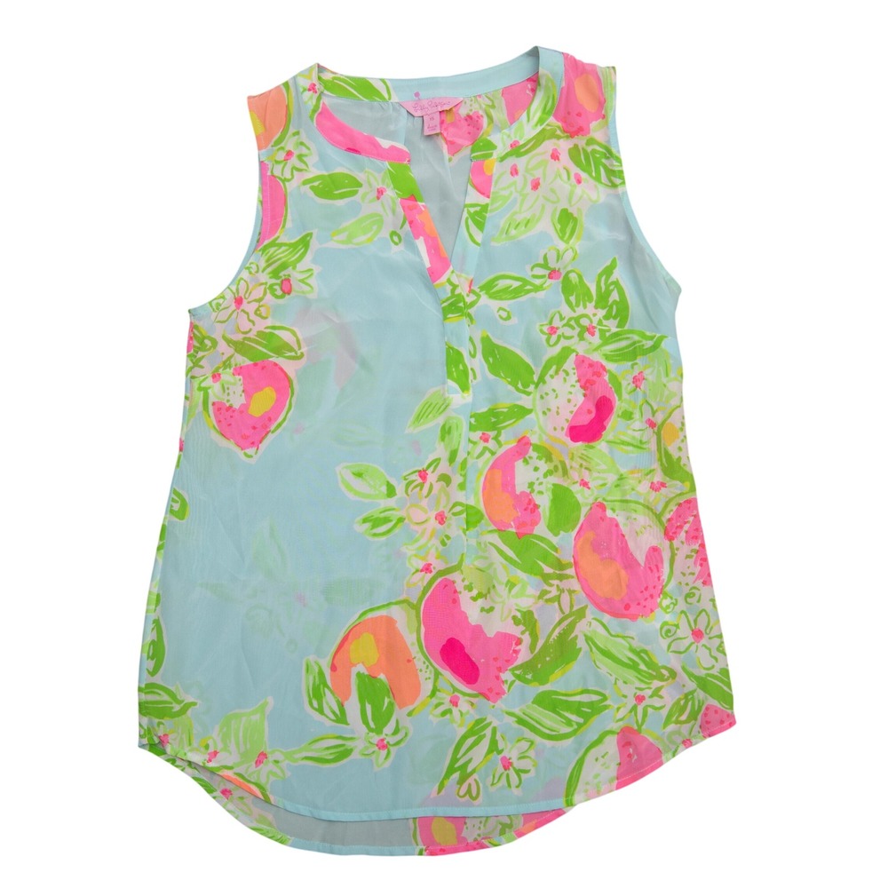 Lilly Pulitzer Elsa Silk Sleeveless Top XS Blue Pink Lemons Lightweight Airy